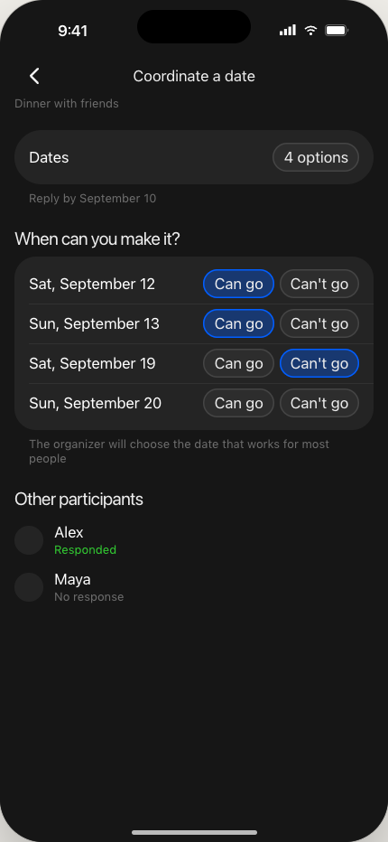 Oqto: choosing possible dates for an event